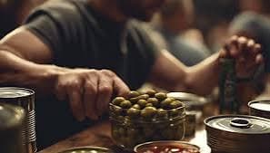 Manos sirviendo aceitunas junto a conservas sobre una mesa